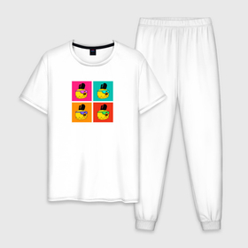 Мужская пижама хлопок с принтом Chicken Gun: цветные квадраты в Тюмени, 100% хлопок | брюки и футболка прямого кроя, без карманов, на брюках мягкая резинка на поясе и по низу штанин
 | Тематика изображения на принте: 