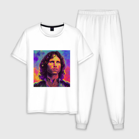 Мужская пижама хлопок с принтом Jim Morrison Strange colors Art в Кировске, 100% хлопок | брюки и футболка прямого кроя, без карманов, на брюках мягкая резинка на поясе и по низу штанин
 | 