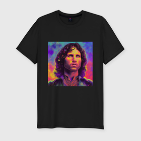 Мужская футболка хлопок Slim с принтом Jim Morrison Strange colors Art в Тюмени, 92% хлопок, 8% лайкра | приталенный силуэт, круглый вырез ворота, длина до линии бедра, короткий рукав | Тематика изображения на принте: 