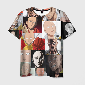 Мужская футболка 3D с принтом Saitama   many faces , 100% полиэфир | прямой крой, круглый вырез горловины, длина до линии бедер | Тематика изображения на принте: 