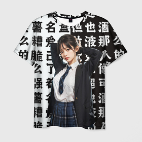 Мужская футболка 3D с принтом Японская школьница от нейросети , 100% полиэфир | прямой крой, круглый вырез горловины, длина до линии бедер | Тематика изображения на принте: 