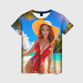 Женская футболка 3D с принтом Девушка на пляже в красном купальнике в Кировске, 100% полиэфир ( синтетическое хлопкоподобное полотно) | прямой крой, круглый вырез горловины, длина до линии бедер | 
