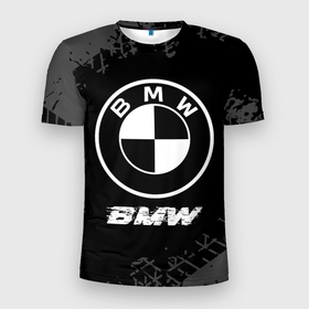 Мужская футболка 3D Slim с принтом BMW speed на темном фоне со следами шин в Тюмени, 100% полиэстер с улучшенными характеристиками | приталенный силуэт, круглая горловина, широкие плечи, сужается к линии бедра | 
