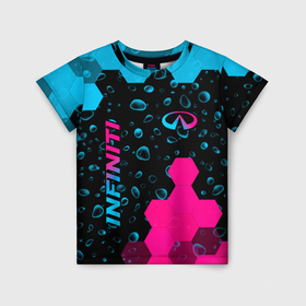 Детская футболка 3D с принтом Infiniti   neon gradient: надпись, символ в Кировске, 100% гипоаллергенный полиэфир | прямой крой, круглый вырез горловины, длина до линии бедер, чуть спущенное плечо, ткань немного тянется | 