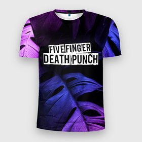 Мужская футболка 3D Slim с принтом Five Finger Death Punch neon monstera в Новосибирске, 100% полиэстер с улучшенными характеристиками | приталенный силуэт, круглая горловина, широкие плечи, сужается к линии бедра | 