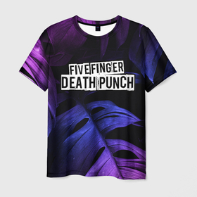Мужская футболка 3D с принтом Five Finger Death Punch neon monstera в Курске, 100% полиэфир | прямой крой, круглый вырез горловины, длина до линии бедер | 