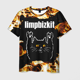 Мужская футболка 3D с принтом Limp Bizkit рок кот и огонь в Белгороде, 100% полиэфир | прямой крой, круглый вырез горловины, длина до линии бедер | 