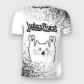 Мужская футболка 3D Slim с принтом Judas Priest рок кот на светлом фоне в Новосибирске, 100% полиэстер с улучшенными характеристиками | приталенный силуэт, круглая горловина, широкие плечи, сужается к линии бедра | Тематика изображения на принте: 