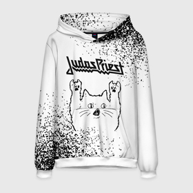 Мужская толстовка 3D с принтом Judas Priest рок кот на светлом фоне в Екатеринбурге, 100% полиэстер | двухслойный капюшон со шнурком для регулировки, мягкие манжеты на рукавах и по низу толстовки, спереди карман-кенгуру с мягким внутренним слоем. | 