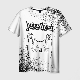 Мужская футболка 3D с принтом Judas Priest рок кот на светлом фоне в Екатеринбурге, 100% полиэфир | прямой крой, круглый вырез горловины, длина до линии бедер | 