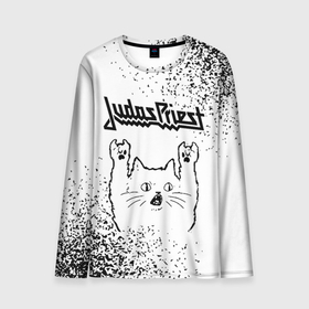 Мужской лонгслив 3D с принтом Judas Priest рок кот на светлом фоне в Тюмени, 100% полиэстер | длинные рукава, круглый вырез горловины, полуприлегающий силуэт | 