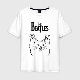Мужская футболка хлопок Oversize с принтом The Beatles   rock cat в Санкт-Петербурге, 100% хлопок | свободный крой, круглый ворот, “спинка” длиннее передней части | 