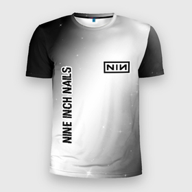 Мужская футболка 3D Slim с принтом Nine Inch Nails glitch на светлом фоне: надпись, символ в Курске, 100% полиэстер с улучшенными характеристиками | приталенный силуэт, круглая горловина, широкие плечи, сужается к линии бедра | 
