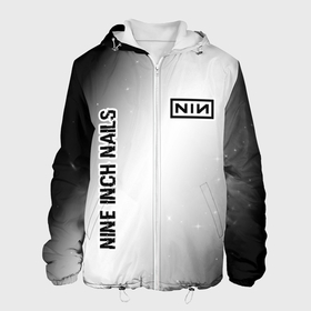 Мужская куртка 3D с принтом Nine Inch Nails glitch на светлом фоне: надпись, символ в Курске, ткань верха — 100% полиэстер, подклад — флис | прямой крой, подол и капюшон оформлены резинкой с фиксаторами, два кармана без застежек по бокам, один большой потайной карман на груди. Карман на груди застегивается на липучку | Тематика изображения на принте: 