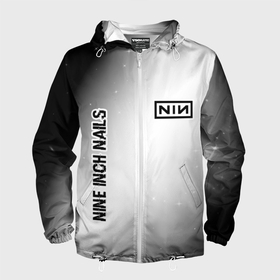 Мужская ветровка 3D с принтом Nine Inch Nails glitch на светлом фоне: надпись, символ в Курске, 100% полиэстер | подол и капюшон оформлены резинкой с фиксаторами, два кармана без застежек по бокам, один потайной карман на груди | Тематика изображения на принте: 