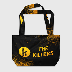 Пляжная сумка 3D с принтом The Killers   gold gradient: надпись и символ в Екатеринбурге, 100% полиэстер | застегивается на металлическую кнопку; внутренний карман застегивается на молнию. Стенки укреплены специальным мягким материалом, чтобы защитить содержимое от несильных ударов
 | 