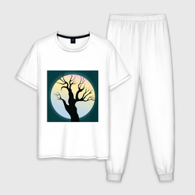 Мужская пижама хлопок с принтом Мистическое дерево на  фоне полной луны в Тюмени, 100% хлопок | брюки и футболка прямого кроя, без карманов, на брюках мягкая резинка на поясе и по низу штанин
 | 