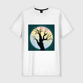 Мужская футболка хлопок Slim с принтом Мистическое дерево на  фоне полной луны , 92% хлопок, 8% лайкра | приталенный силуэт, круглый вырез ворота, длина до линии бедра, короткий рукав | 