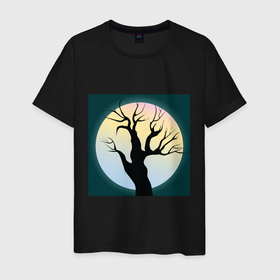 Мужская футболка хлопок с принтом Мистическое дерево на  фоне полной луны в Курске, 100% хлопок | прямой крой, круглый вырез горловины, длина до линии бедер, слегка спущенное плечо. | Тематика изображения на принте: 
