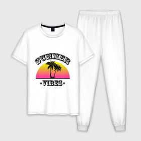 Мужская пижама хлопок с принтом Summer vibes силуэты пальм на закате в Курске, 100% хлопок | брюки и футболка прямого кроя, без карманов, на брюках мягкая резинка на поясе и по низу штанин
 | 