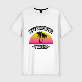 Мужская футболка хлопок Slim с принтом Summer vibes силуэты пальм на закате в Курске, 92% хлопок, 8% лайкра | приталенный силуэт, круглый вырез ворота, длина до линии бедра, короткий рукав | 