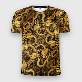 Мужская футболка 3D Slim с принтом Золотые китайские драконы , 100% полиэстер с улучшенными характеристиками | приталенный силуэт, круглая горловина, широкие плечи, сужается к линии бедра | 