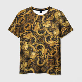 Мужская футболка 3D с принтом Золотые китайские драконы в Новосибирске, 100% полиэфир | прямой крой, круглый вырез горловины, длина до линии бедер | 