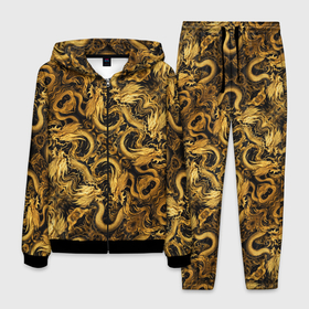 Мужской костюм 3D с принтом Золотые китайские драконы в Курске, 100% полиэстер | Манжеты и пояс оформлены тканевой резинкой, двухслойный капюшон со шнурком для регулировки, карманы спереди | 
