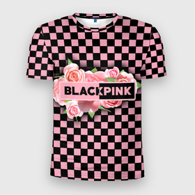 Мужская футболка 3D Slim с принтом Blackpink logo roses в Кировске, 100% полиэстер с улучшенными характеристиками | приталенный силуэт, круглая горловина, широкие плечи, сужается к линии бедра | 