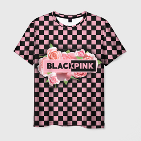Мужская футболка 3D с принтом Blackpink logo roses , 100% полиэфир | прямой крой, круглый вырез горловины, длина до линии бедер | 