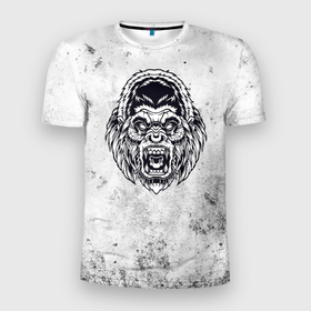 Мужская футболка 3D Slim с принтом Черно белая злая горилла в Белгороде, 100% полиэстер с улучшенными характеристиками | приталенный силуэт, круглая горловина, широкие плечи, сужается к линии бедра | 