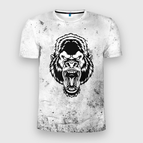 Мужская футболка 3D Slim с принтом Черно белая разозленная горилла в Белгороде, 100% полиэстер с улучшенными характеристиками | приталенный силуэт, круглая горловина, широкие плечи, сужается к линии бедра | 