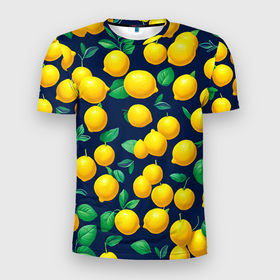 Мужская футболка 3D Slim с принтом Лимончики и листья в Тюмени, 100% полиэстер с улучшенными характеристиками | приталенный силуэт, круглая горловина, широкие плечи, сужается к линии бедра | Тематика изображения на принте: 