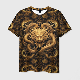 Мужская футболка 3D с принтом Дракон золотой большой китайский в Новосибирске, 100% полиэфир | прямой крой, круглый вырез горловины, длина до линии бедер | 