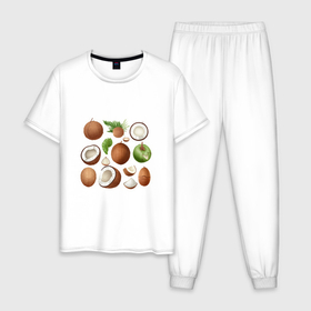 Мужская пижама хлопок с принтом Акварельный кокос в Санкт-Петербурге, 100% хлопок | брюки и футболка прямого кроя, без карманов, на брюках мягкая резинка на поясе и по низу штанин
 | 