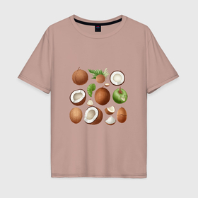 Мужская футболка хлопок Oversize с принтом Акварельный кокос в Санкт-Петербурге, 100% хлопок | свободный крой, круглый ворот, “спинка” длиннее передней части | 