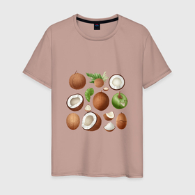 Мужская футболка хлопок с принтом Акварельный кокос в Екатеринбурге, 100% хлопок | прямой крой, круглый вырез горловины, длина до линии бедер, слегка спущенное плечо. | 