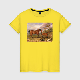 Женская футболка хлопок с принтом Две лошади и две собаки в Курске, 100% хлопок | прямой крой, круглый вырез горловины, длина до линии бедер, слегка спущенное плечо | 