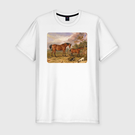 Мужская футболка хлопок Slim с принтом Две лошади и две собаки в Кировске, 92% хлопок, 8% лайкра | приталенный силуэт, круглый вырез ворота, длина до линии бедра, короткий рукав | 
