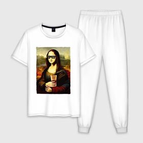 Мужская пижама хлопок с принтом Мона Лиза с шаурмой в Белгороде, 100% хлопок | брюки и футболка прямого кроя, без карманов, на брюках мягкая резинка на поясе и по низу штанин
 | 