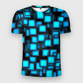 Мужская футболка 3D Slim с принтом Геометрия   синие квадраты в Петрозаводске, 100% полиэстер с улучшенными характеристиками | приталенный силуэт, круглая горловина, широкие плечи, сужается к линии бедра | 