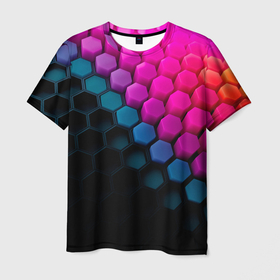 Мужская футболка 3D с принтом Цветной шестиугольник в Белгороде, 100% полиэфир | прямой крой, круглый вырез горловины, длина до линии бедер | Тематика изображения на принте: 