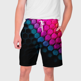 Мужские шорты 3D с принтом Цветной шестиугольник в Курске,  полиэстер 100% | прямой крой, два кармана без застежек по бокам. Мягкая трикотажная резинка на поясе, внутри которой широкие завязки. Длина чуть выше колен | 