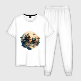 Мужская пижама хлопок с принтом Японское святилище в стиле моротай в Петрозаводске, 100% хлопок | брюки и футболка прямого кроя, без карманов, на брюках мягкая резинка на поясе и по низу штанин
 | 