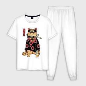 Мужская пижама хлопок с принтом Cat with knife в Курске, 100% хлопок | брюки и футболка прямого кроя, без карманов, на брюках мягкая резинка на поясе и по низу штанин
 | 