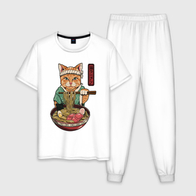 Мужская пижама хлопок с принтом Cat eat ramen в Екатеринбурге, 100% хлопок | брюки и футболка прямого кроя, без карманов, на брюках мягкая резинка на поясе и по низу штанин
 | Тематика изображения на принте: 