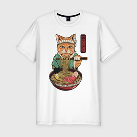 Мужская футболка хлопок Slim с принтом Cat eat ramen в Екатеринбурге, 92% хлопок, 8% лайкра | приталенный силуэт, круглый вырез ворота, длина до линии бедра, короткий рукав | Тематика изображения на принте: 