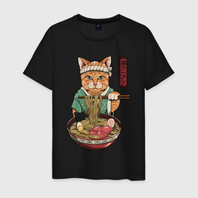 Мужская футболка хлопок с принтом Cat eat ramen в Екатеринбурге, 100% хлопок | прямой крой, круглый вырез горловины, длина до линии бедер, слегка спущенное плечо. | 