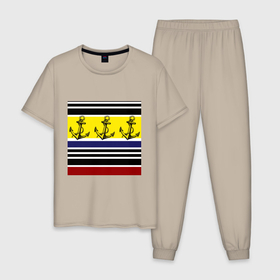 Мужская пижама хлопок с принтом Якоря на полосатом фоне в Тюмени, 100% хлопок | брюки и футболка прямого кроя, без карманов, на брюках мягкая резинка на поясе и по низу штанин
 | 