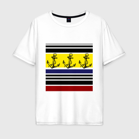 Мужская футболка хлопок Oversize с принтом Якоря на полосатом фоне в Тюмени, 100% хлопок | свободный крой, круглый ворот, “спинка” длиннее передней части | 